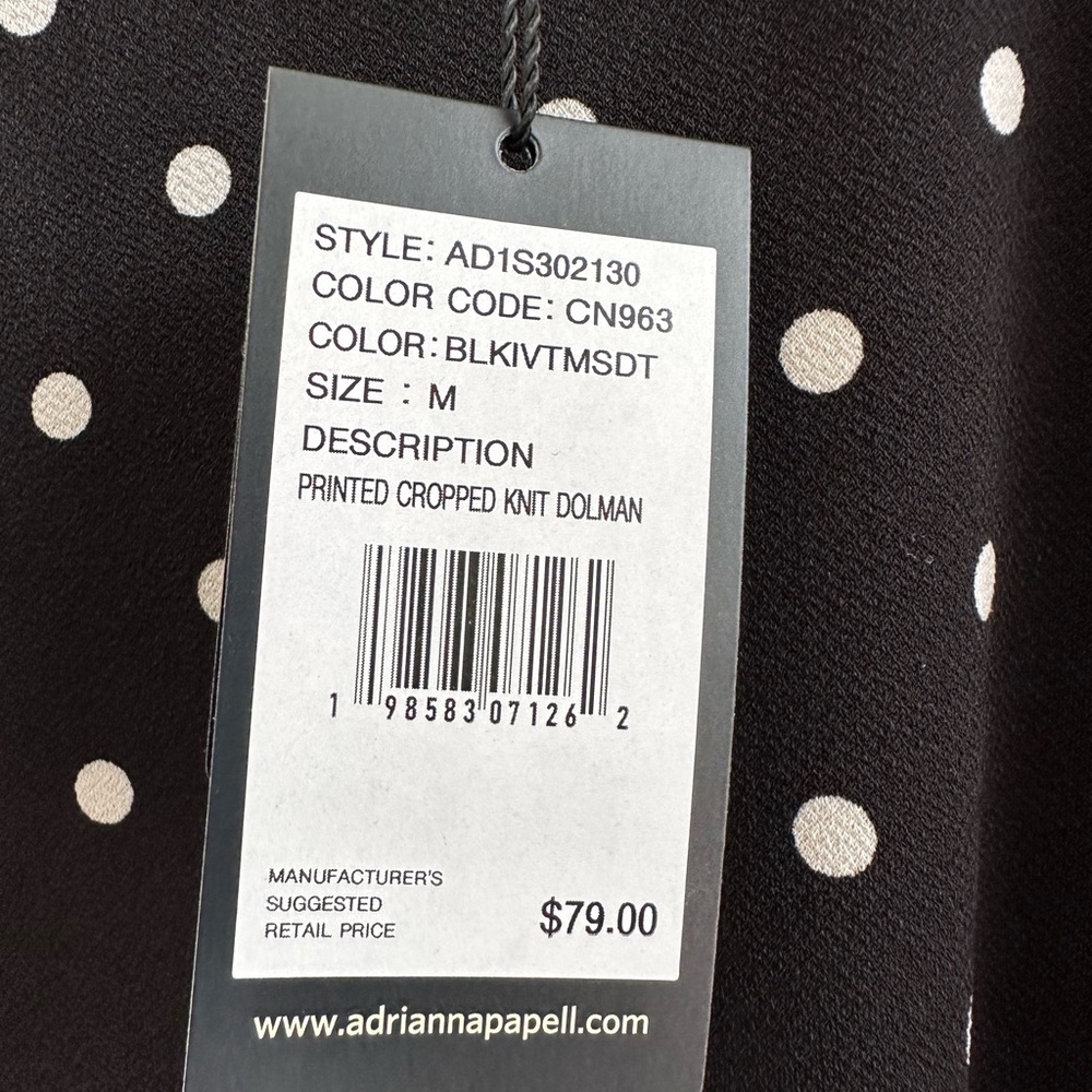 Adrianna Papell Blouse Women’s Size Medium Black Polka Dot Cropped Dolman NWT - Picture 8 of 8